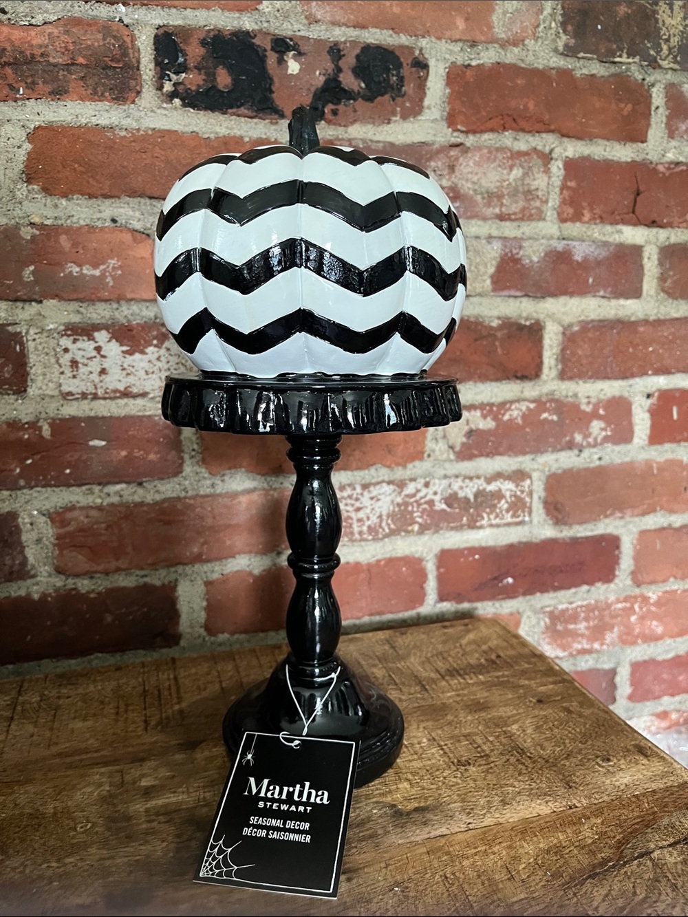 Martha Stewart Black and White Chevron Pumpkin on Pedestal